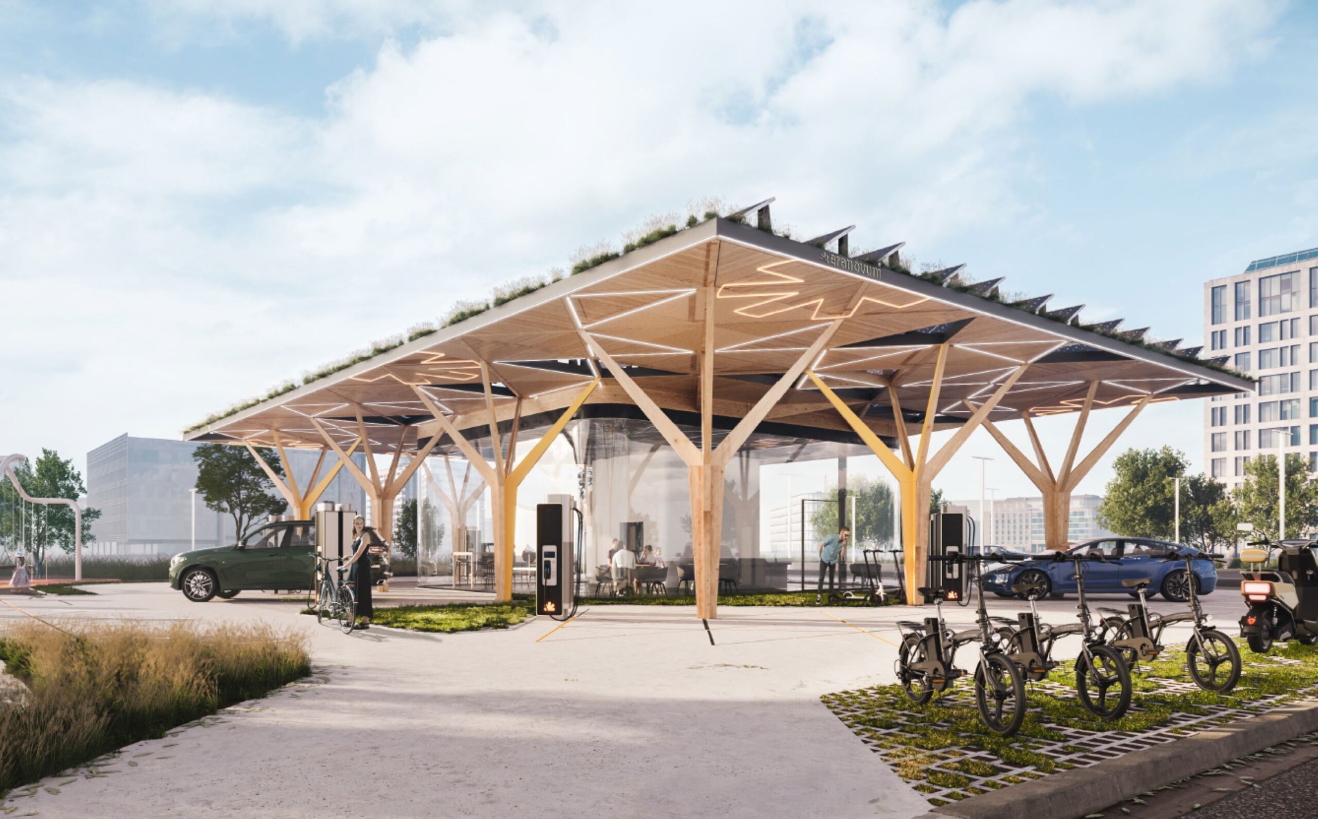 An integrated solar-powered EV charging station with battery storage units and ultra-fast chargers.
