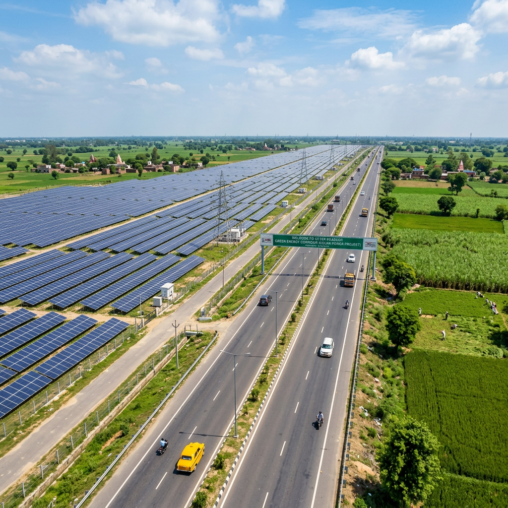 Massive solar farm installation alongside a major highway and green fields in India.