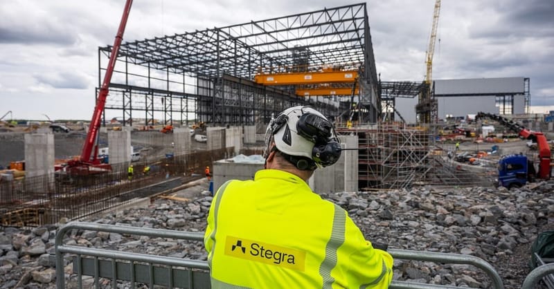 Aerial view of the Stegra green steel construction site in northern Sweden during winter.