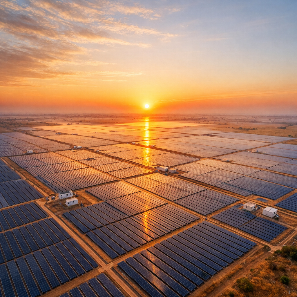 Wide shot of a modern solar farm at sunrise with visible battery storage infrastructure