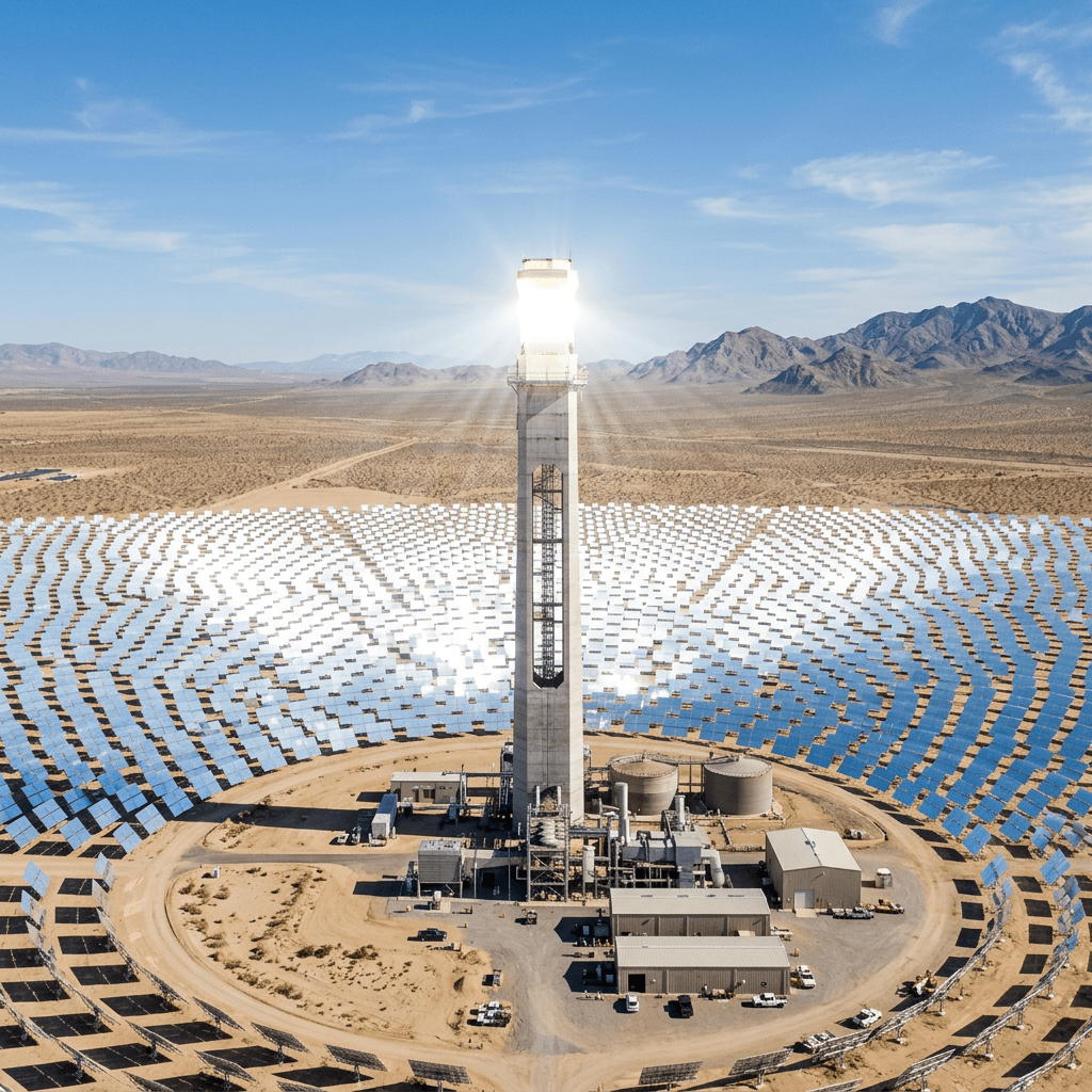 A solar power tower surrounded by a vast field of heliostats in a desert landscape