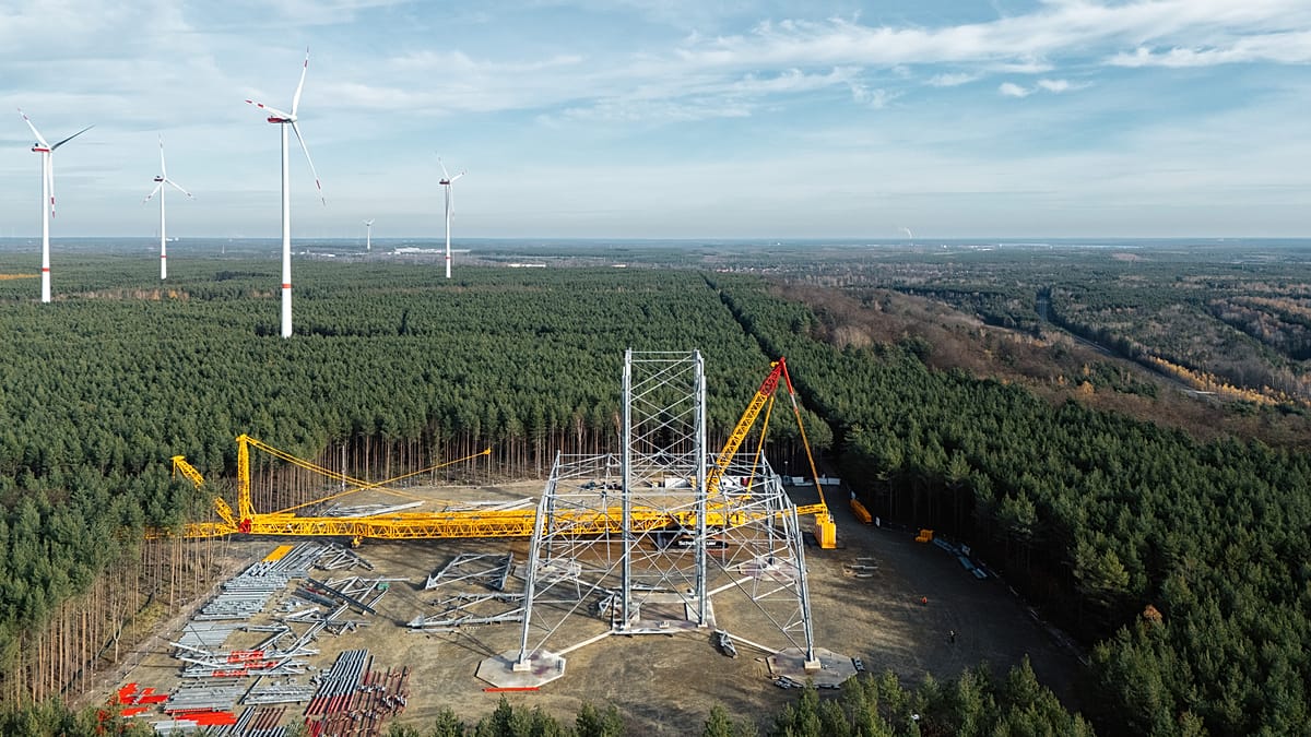 A massive wind turbine under construction in a former German coal mining site