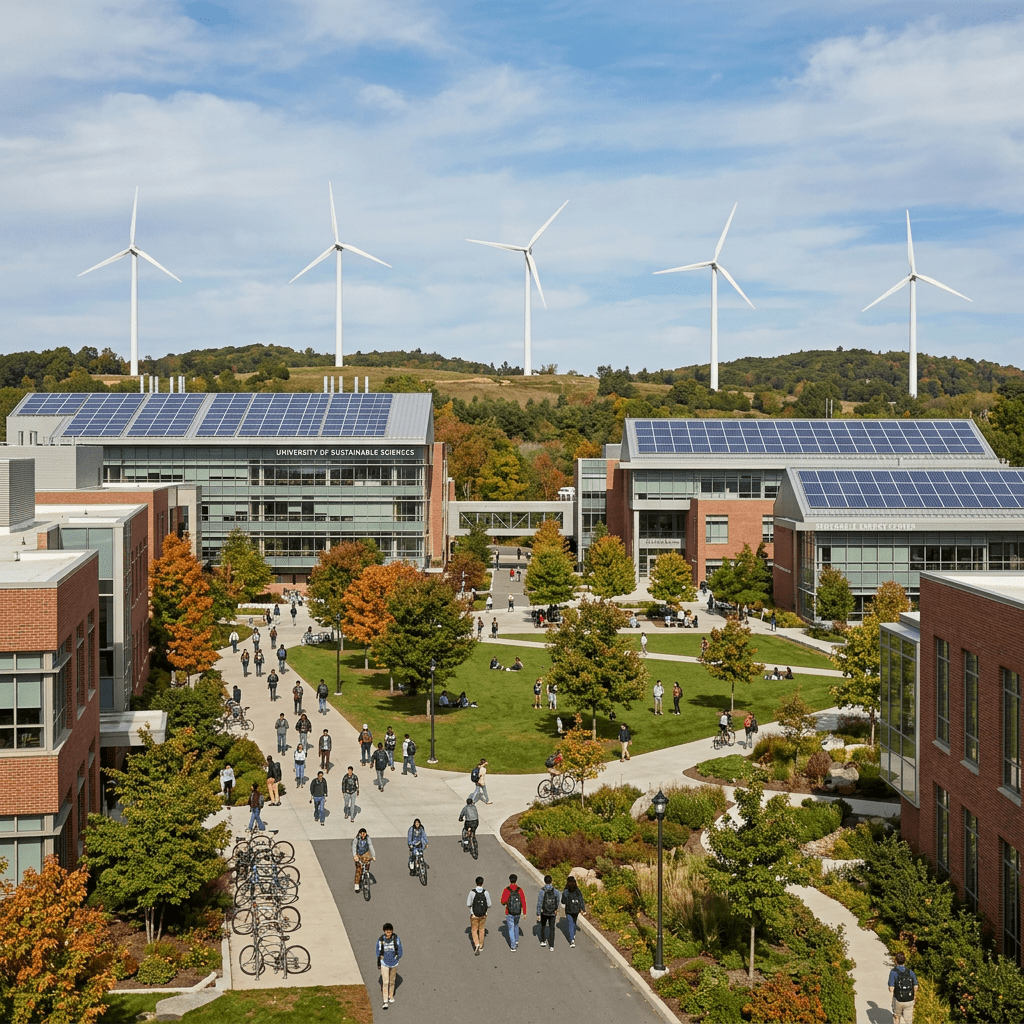 Modern university campus buildings with solar panels and wind turbines in the background during sunset
