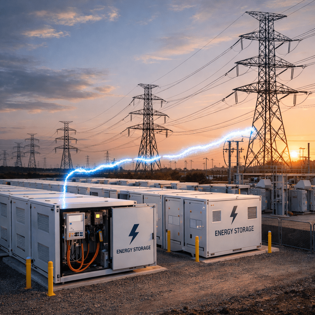 Energy storage containers connected to power grid transmission towers with electrical arcs