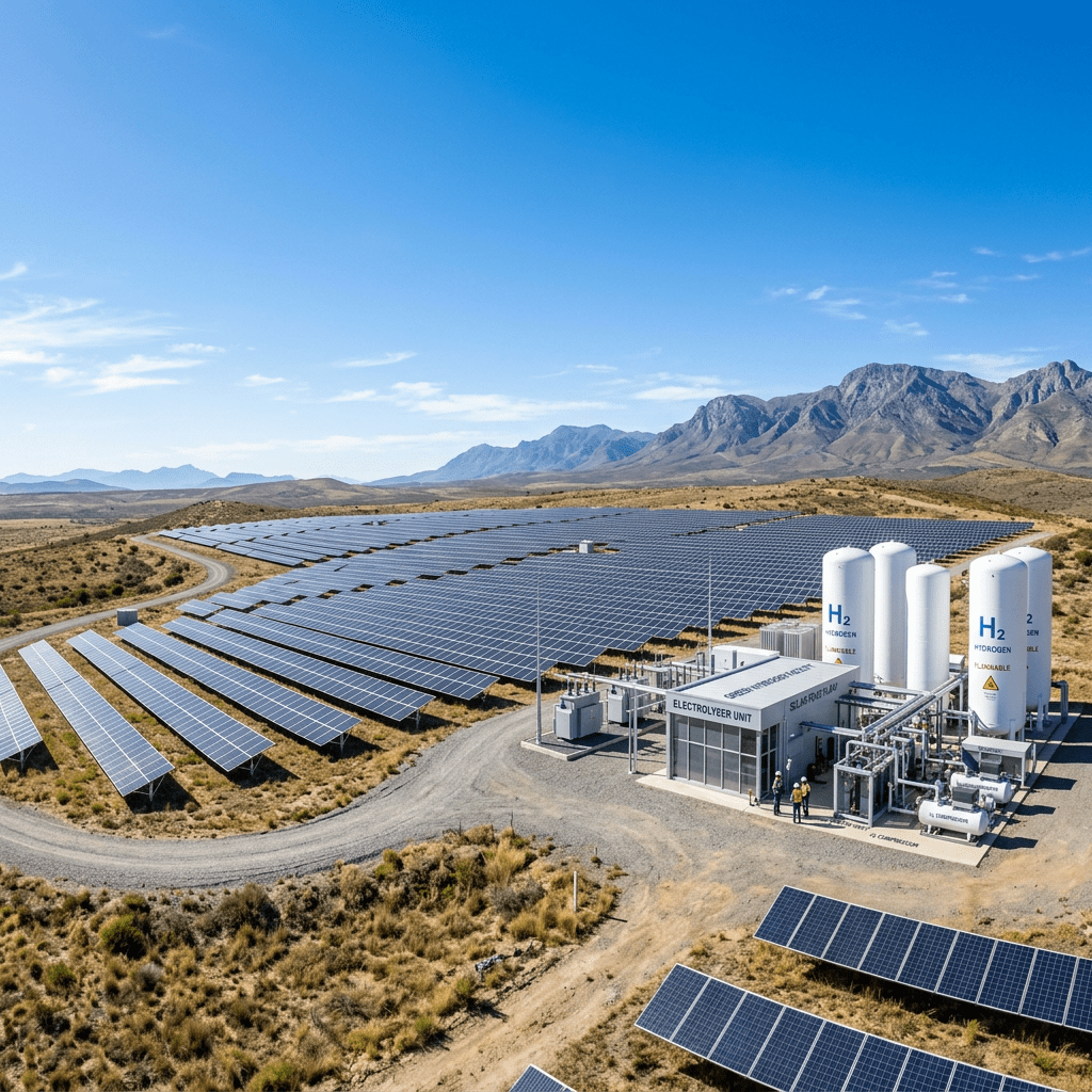 Large solar farm with hydrogen electrolyzer facility in a desert landscape