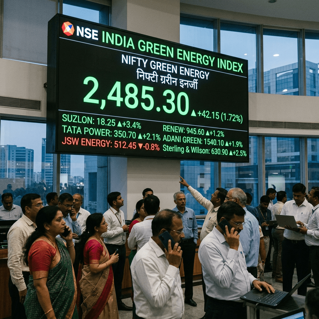 Traders monitoring the India Green Energy Index on a large digital screen at the NSE.