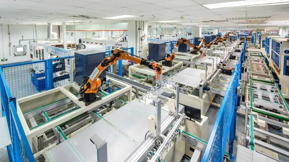 Close up of a solar panel installation on a commercial rooftop in Europe