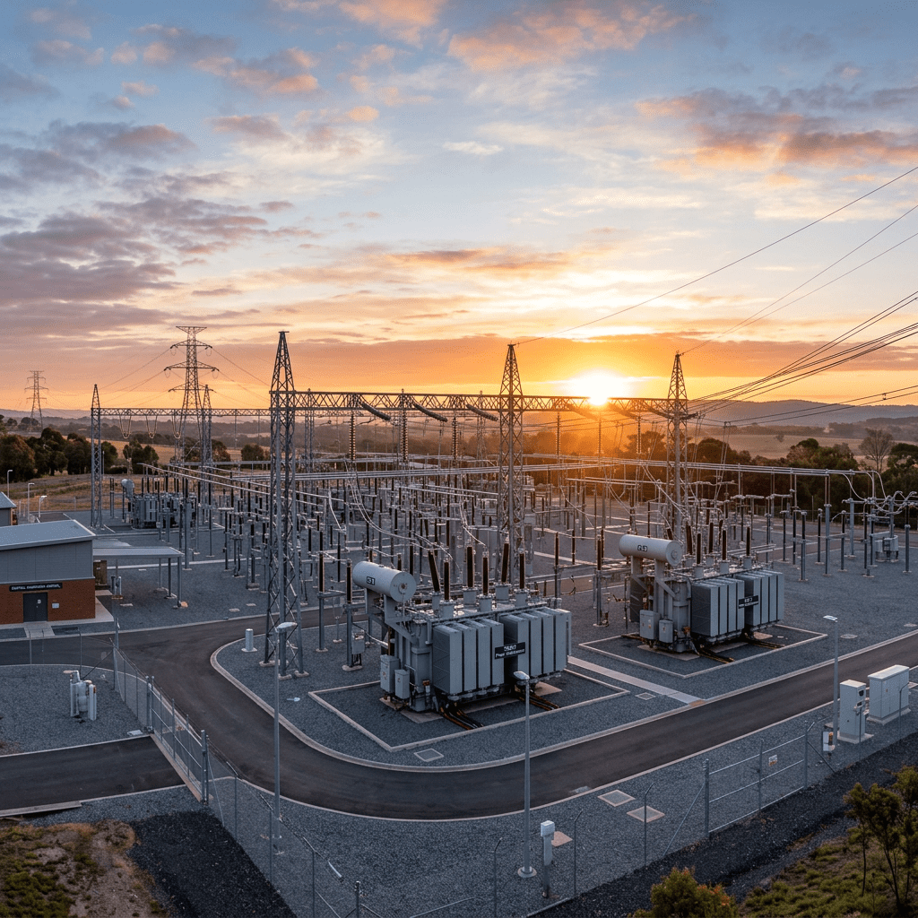 Industrial electrical substation infrastructure at sunset showing transformers and high-voltage power lines.