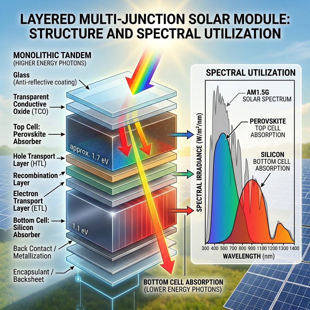 Diagram showing the layered structure of a perovskite-silicon tandem solar cell and light absorption spectrum.