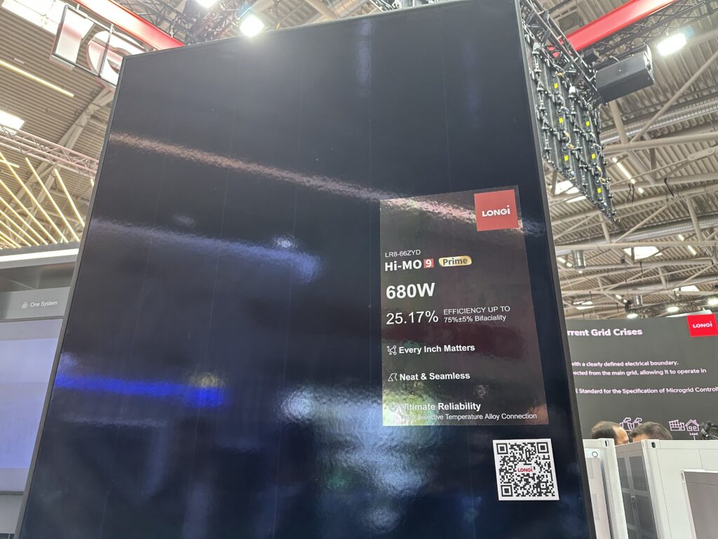 Detailed view of a high-efficiency back contact solar module without visible front-side busbars.