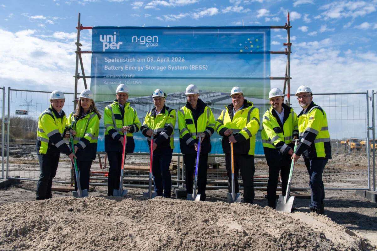 Large scale industrial battery energy storage system containers installed at a German solar farm site.