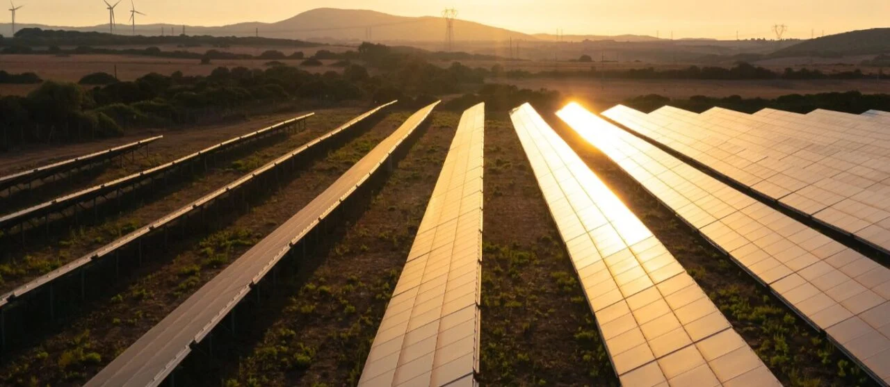 Aerial view of a large-scale solar PV array during the commissioning phase with technicians visible.
