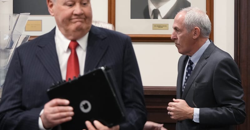 A legal gavel and a power plant representing the FirstEnergy utility corruption scandal.