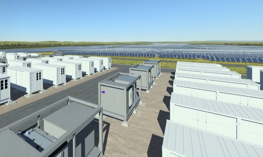 Large scale solar farm integrated with containerized battery energy storage systems near high voltage lines.