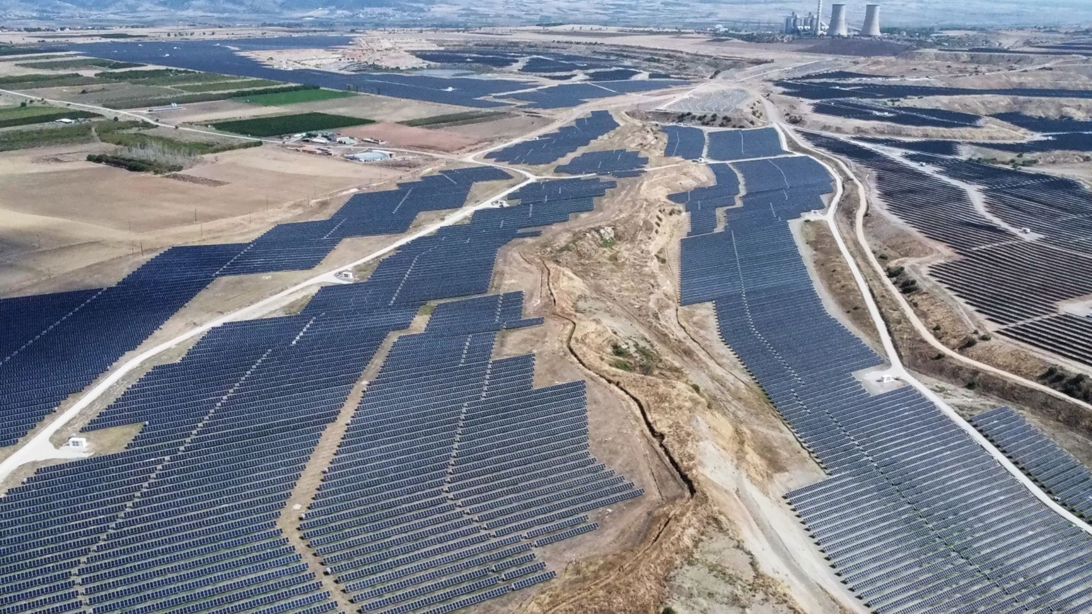 Aerial view of a massive solar farm installation in a former coal mining region of Greece.