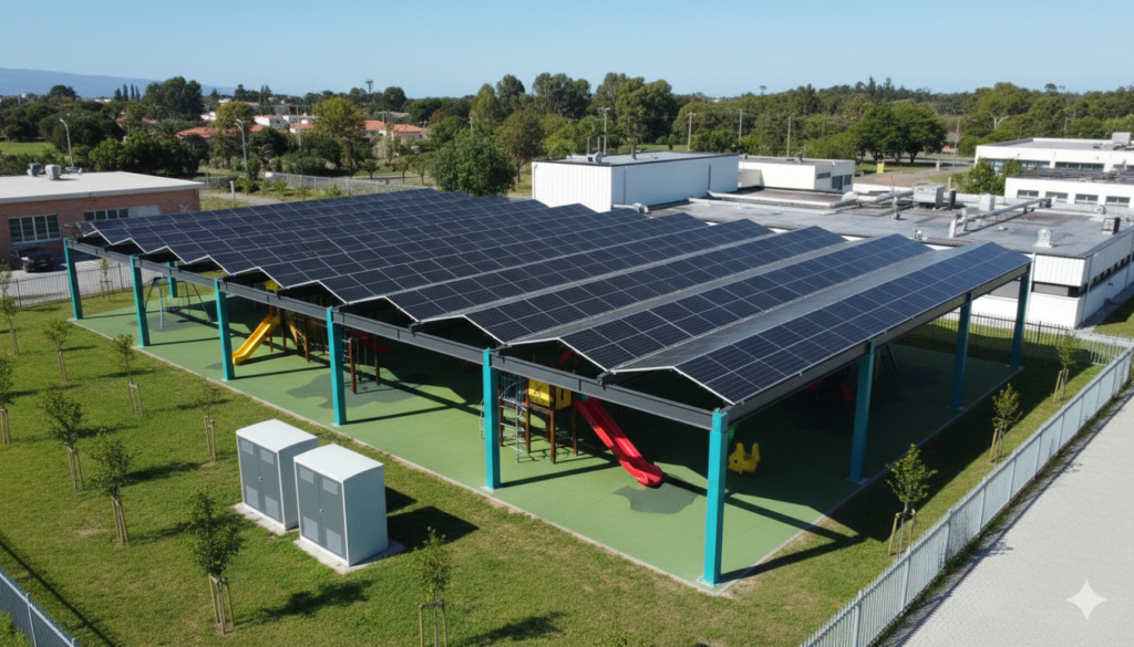 Architectural rendering of a school building with solar panel canopies over its parking lot.