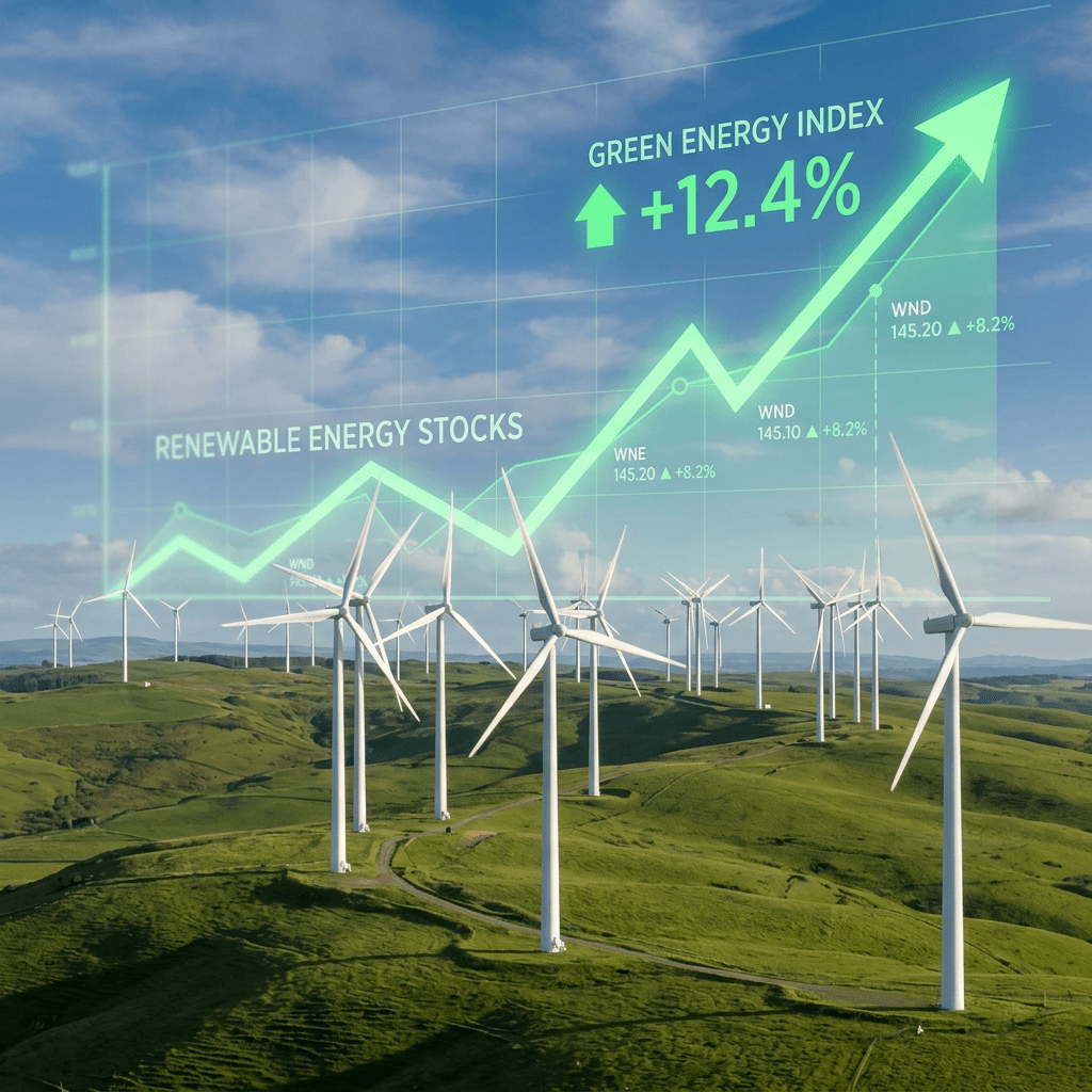 A generic stock market graph showing an upward trend over a green landscape