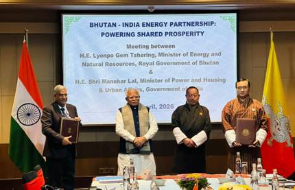 Indian and Bhutanese ministers meeting to discuss cross-border clean energy and hydropower agreements.